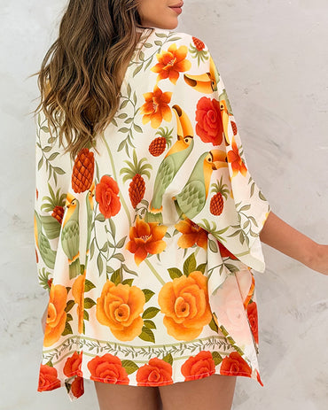 Tropical Floral & Animal Print Open Front Half Sleeve Cover-up Casual Hollow-out Back Loose Fit Cardigan