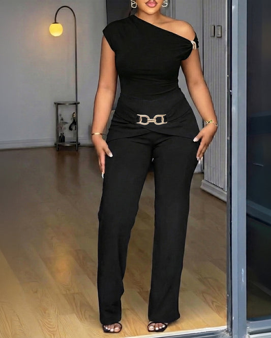 CHICME Women's 2 Piece Set Skew Neck Slim Fit Top and Elastic Waist Flare Pants with Metal Detail