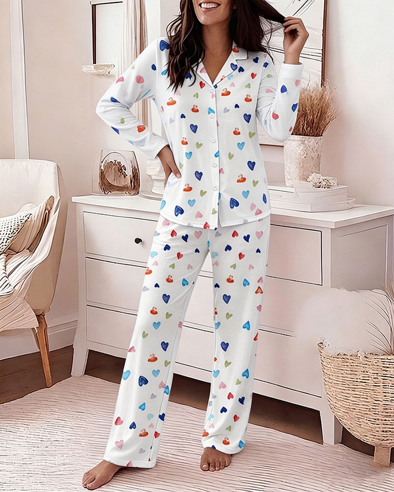 Women's Colorful Heart Print 2 Piece Pajama Set Long Sleeve Button Down Top and High Waisted Pants Casual Lounge Sets