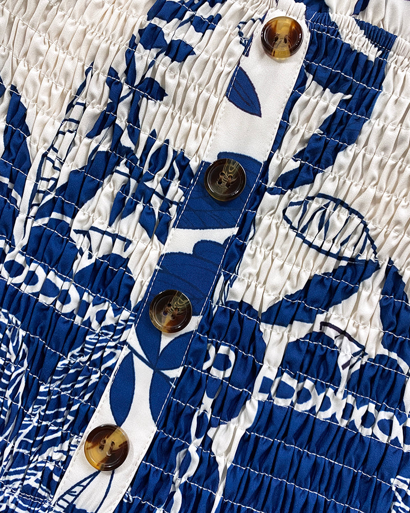 Floral Print Bandeau Shirred Romper Casual Button Decor Short Jumpsuit