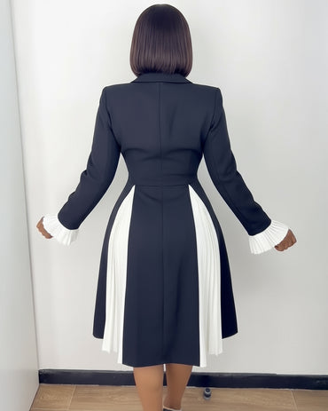 Colorblock Pleated Spliced Notched Collar Pleated Flared Cuff Double Breasted Blazer Dress Elegant Cinched Waist Flared Hem Commuting Dress