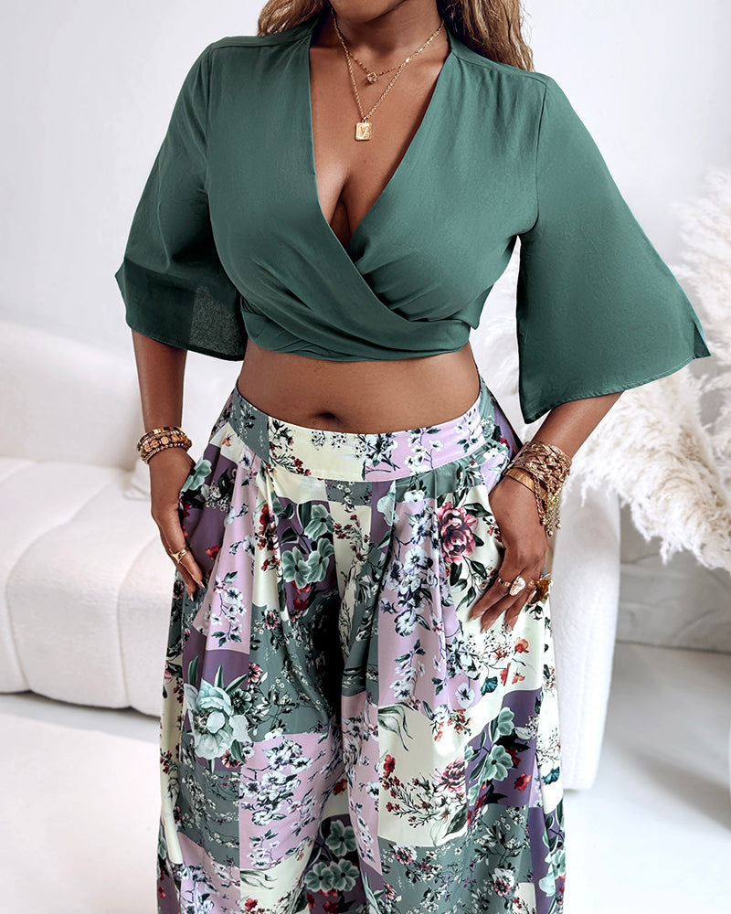 Twisted Crop Top & Floral Print Wide Leg Pants Set