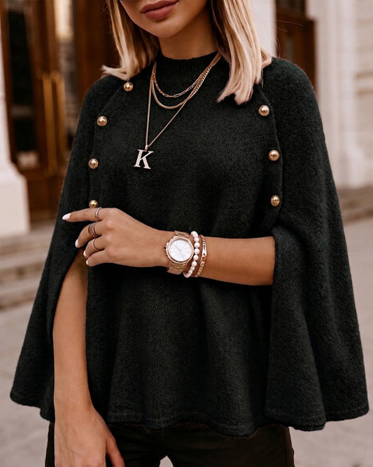 Women's Mock Neck Cape Knit Sweater Loose Old Money Style Pullover Side Slit Batwing Sleeve Winter Warm Cozy Top