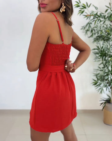 Square Neck Adjustable Spaghetti Straps Shirred Back Side Slit Romper Casual Cinched Waist Cami Skorts Romper with Belt