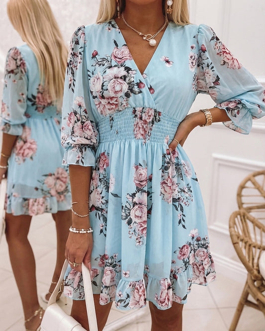 Floral Print Overlap V Neck Three Quarters Sleeve Shirred Waist Ruffle Hem Dress Casual Cinched Waist Flared Cuffs Chiffon Vacation Dress with Lining