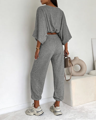 Women's Two Piece Knit Lounge Set Batwing Sleeve Crop Top and High Waist Drawstring Joggers Casual Tracksuit Outfits