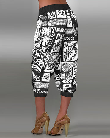 Plants Print Low Waist Wooden Button Decor Capris Pants Vacation Pants with Pockets