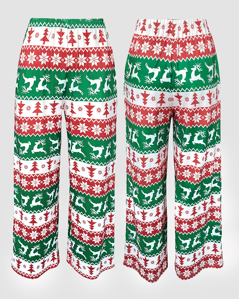 2 Pieces Outfit Reindeer Print Long Sleeve Drop Shoulder Top and Christmas Print Colorblock Elastic Waist Pants Set Casual Pajamas Set