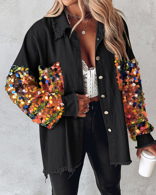 Contrast Sequin Long Sleeve Jacket Top Button Front Raw Hem Loose Fit Shacket