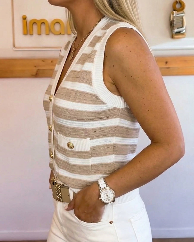 Women's Striped V-Neck Knit Vest Gold Button Sleeveless Sweater Tank Cropped Slim Fit Layering Top