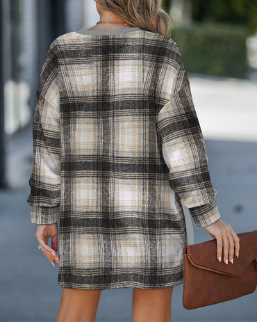 Plaid Print Spliced Long Sleeve Drop Shoulder Sweatshirt Casual Side Slit Top