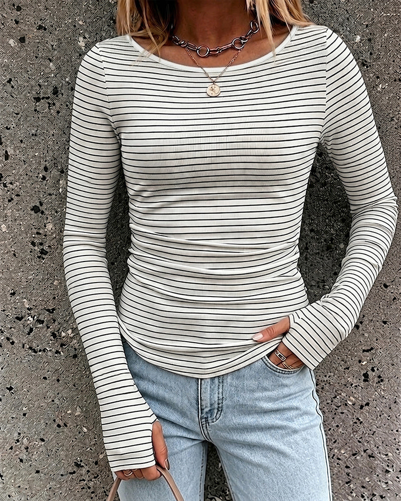 Women's Striped Boat Neck Long Sleeve Knit Top Ruched Slim Fit Tee with Thumb Holes