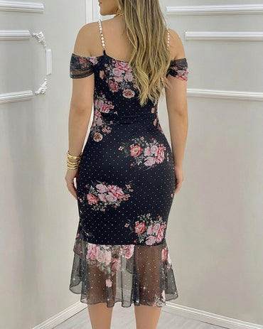 Women's French Floral Mesh Dress Sparkling Rhinestone Ruffle Hem Cami Dress Stretchy Pearl Strap Cowl Neck Bodycon Slit Dress