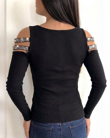 Women's Sexy Cold Shoulder Rib-Knit Top Rhinestone Strappy Long Sleeve V-Neck Zipper Slim Fit Pullover