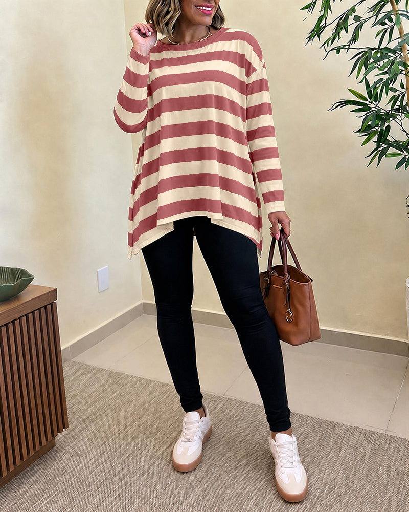 Camiseta de manga larga a rayas para mujer, con hombros caídos, cuello redondo, abertura lateral y corte holgado informal