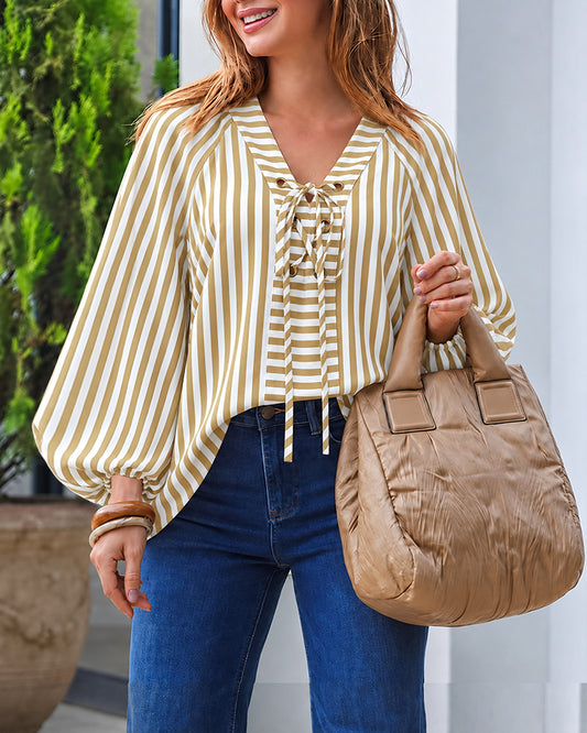Women's Vintage Striped Lace-Up V-Neck Lantern Sleeve Blouse