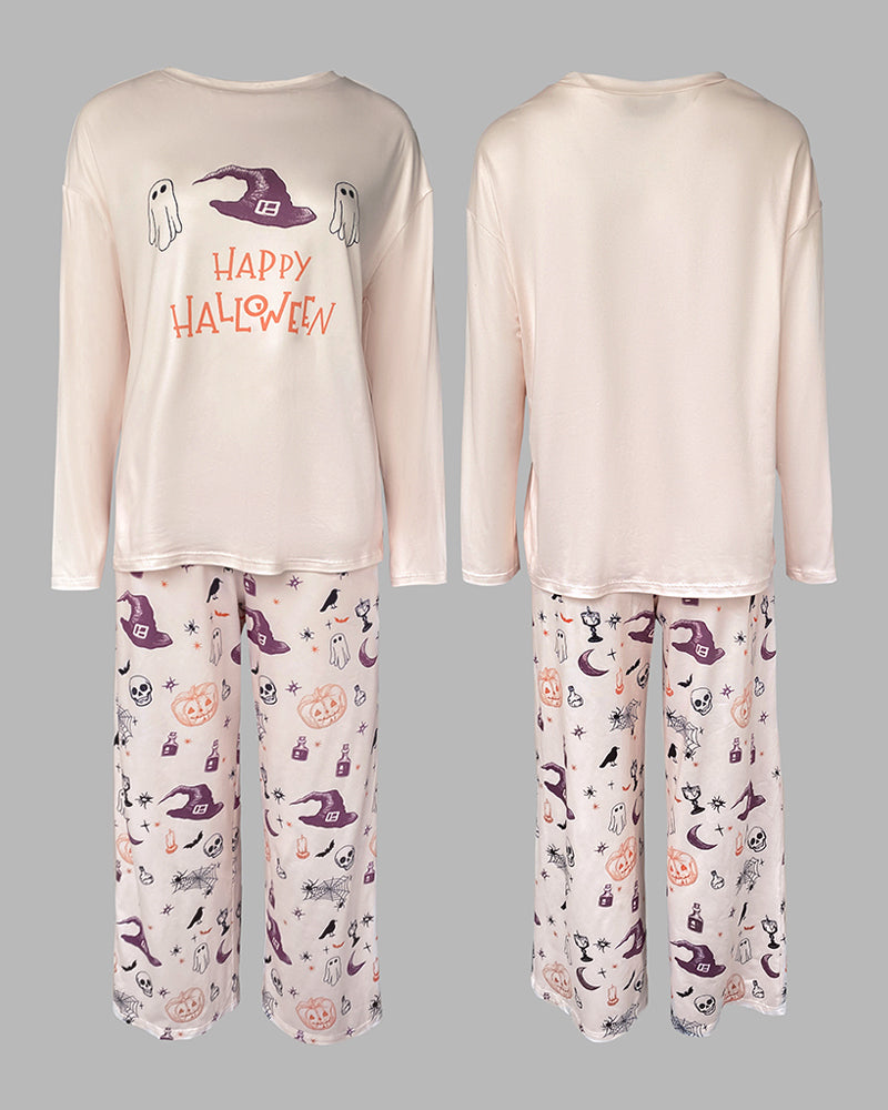 2 Pieces Outfit HAPPY HALLOWEEN Slogan & Graphic Print Long Sleeve Top and Graphic Print Elastic Waist Pants Set Casual Pajamas Set
