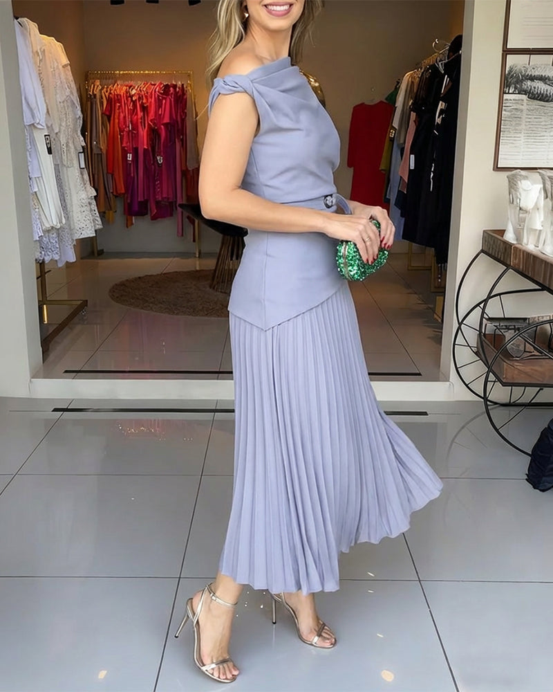 Women's Elegant 2 Piece Outfits Skew Neck Twist Top and Pleated Midi Skirt Set with Belt Evening Party Suit