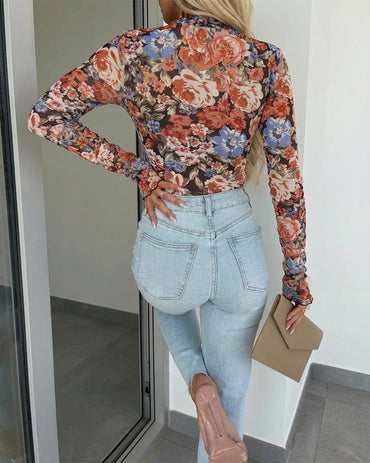 Vintage Allover Oil Painting Floral Print Mock Neck Long Sleeve Tee Slim Fit Frill Cuffs Sheer Mesh Layering Top with Thumb Hole Cuffs