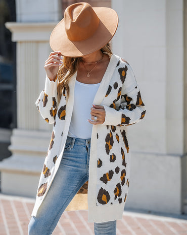 Women's Leopard Pattern Open Front Mid-length Knit Cardigan Sweater Coat