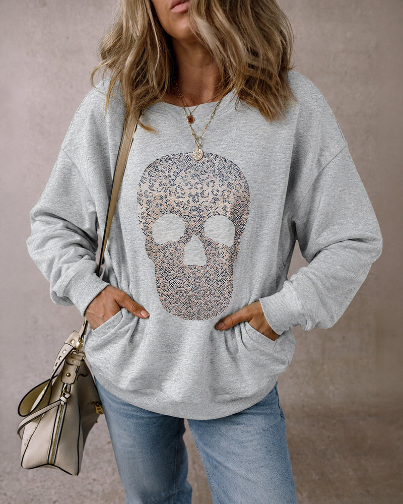 Women's Rhinestone Skull Graphic Loose Sweatshirt Drop Shoulder Crewneck Pullover Top