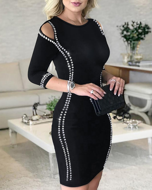 Rhinestone Decor Cold Shoulder Half Sleeve Slim Fit Party Dress Zipper Back Slit Work Dress