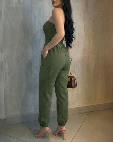 Shirred Cinched Waist Cuffed Overalls High Waist Pockets Design Bandeau Cargo Jumpsuit