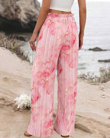 Women's Tie Dye Print Pleated Wide Leg Pants High Waisted Flowy Palazzo Pants Drawstring Lounge Pants with Pockets