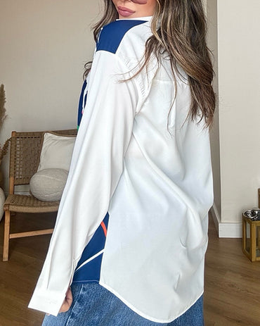 Women's Scarf Print Spliced Shirt Faux Two Piece Oversized Blouse Turn-down Collar Button Down Long Sleeve Top