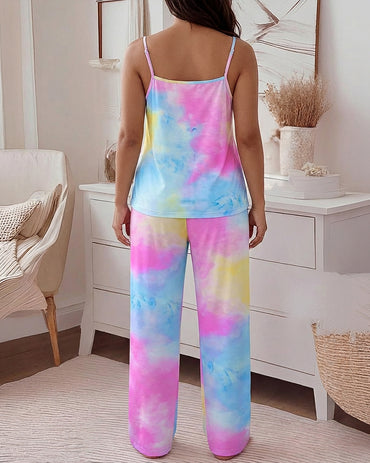2 Pieces Outfit U-Neck Adjustable Spaghetti Straps Cami Top and Elastic Waist Wide Leg Pants Set Casual Tie Dye Print Pajamas Set