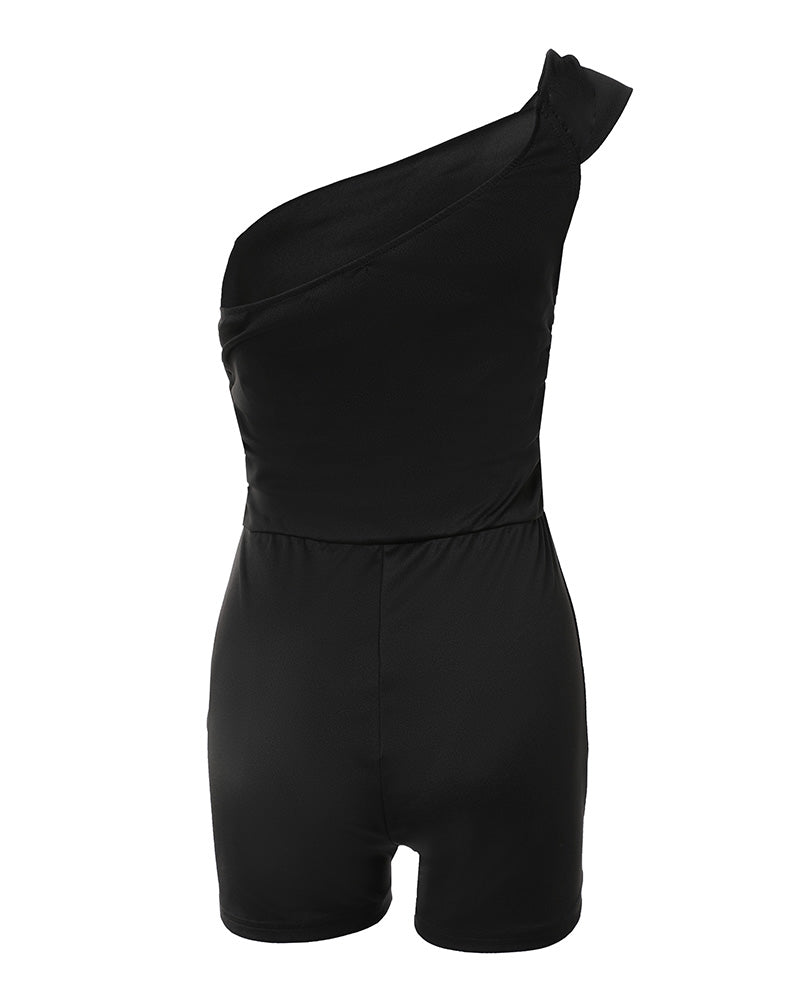 Women's Foldover One Shoulder Romper Slim Fit Ruched Sleeveless High Waist Romper
