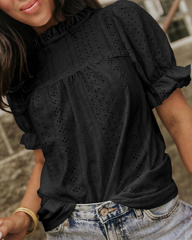 Elegant Frill Hem Stand Collar Puff Sleeve Blouse Casual Hollow Out Embroidery Pullover Top