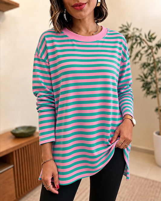 Women's Striped Crewneck Drop Shoulder Top Side Slit Loose Casual Pullover
