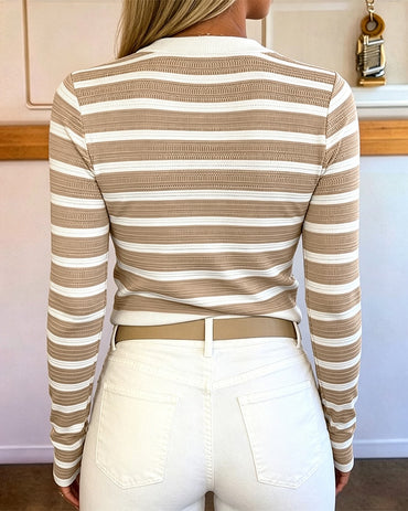 Top de punto a rayas para mujer con botón dorado, manga larga, pulóver de cuello redondo, corte entallado, suéter de punto con ribete en contraste