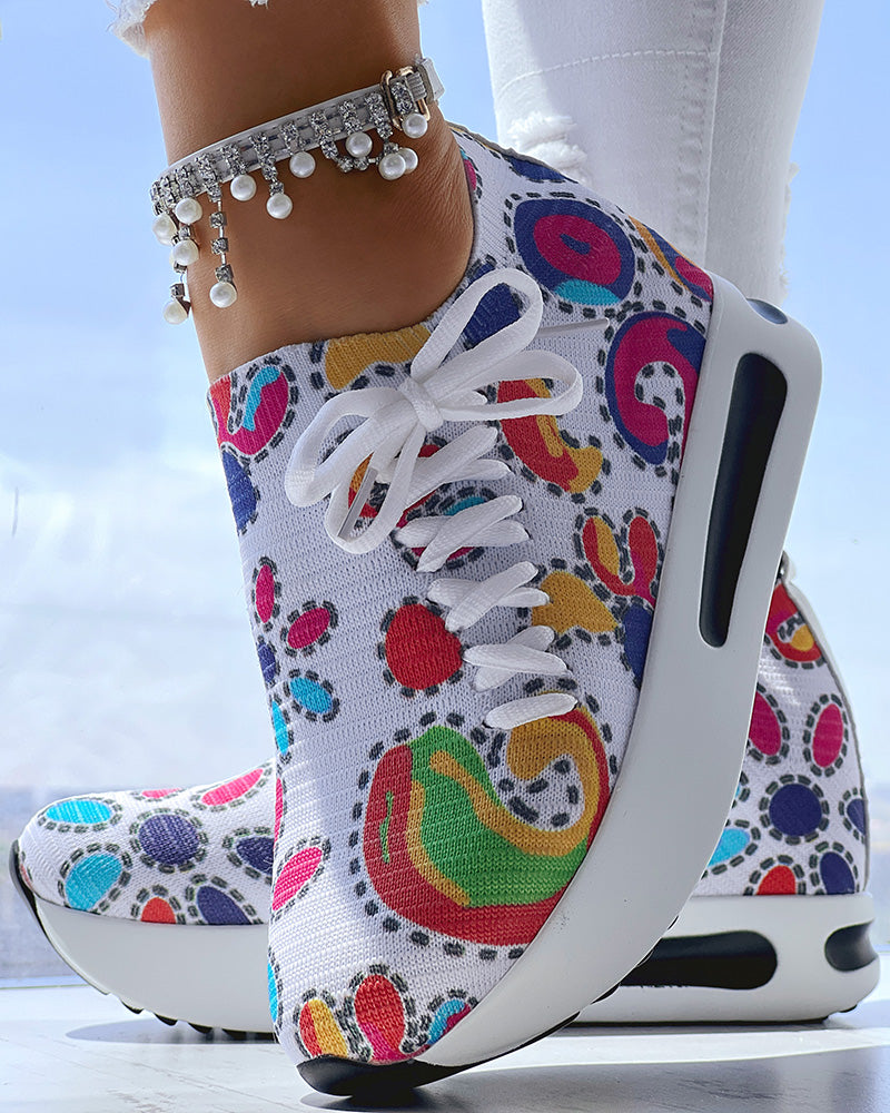 Abstract Print Side Lace-up Casual Wedge Sneakers