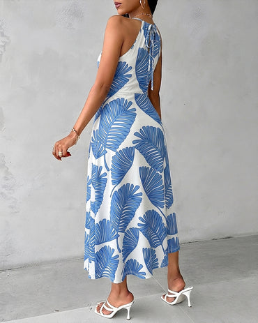 Women's Tropical Palm Leaf Print Halter Tie Midi Dress Sexy Hollow Out Ruched Slit Summer Vacation Dress