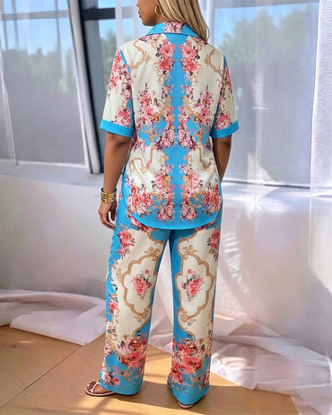 Women's Palace Style Vintage Floral 2 Piece Outfits Button Down Shirt and High Waisted Wide Leg Pants Set with Pockets