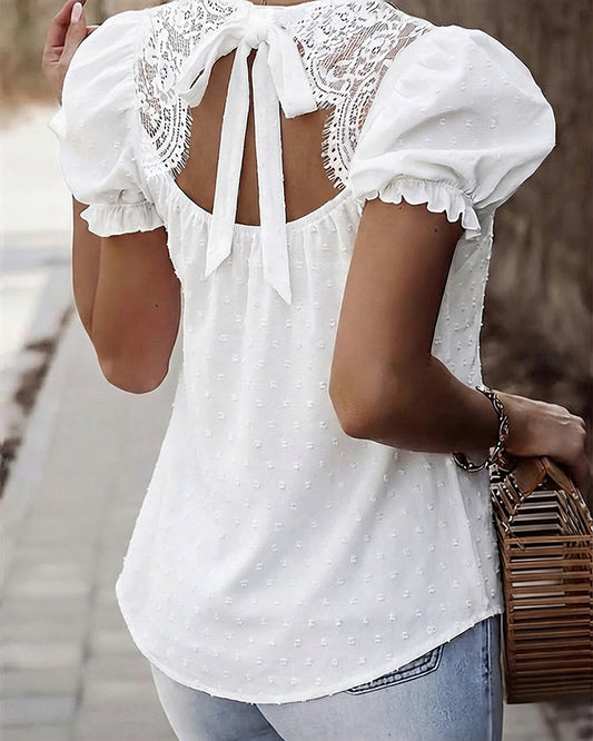 Allover 3D Decor Puff Sleeve Eyelash Lace Spliced Back Tee Casual Frill Cuffs Backless Bow Tie Back Curved Hem Top