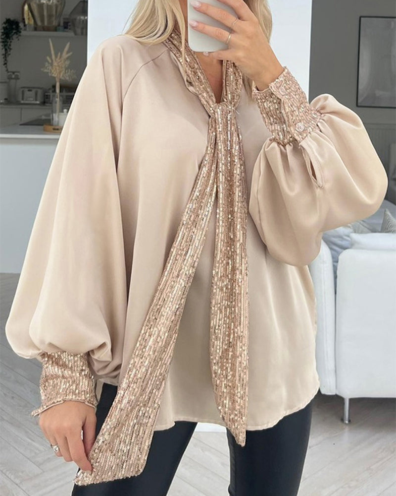 Tie Neck Contrast Sequin Lantern Sleeve Top