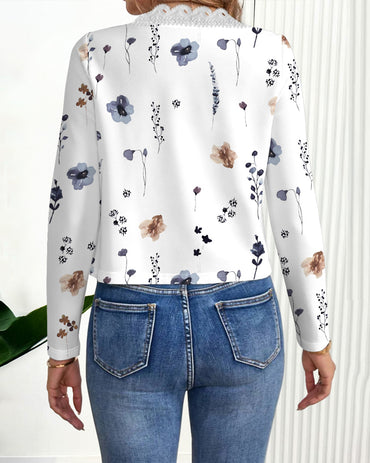 Floral Print Open Front Long Sleeve Casual Contrast Lace Short Cardigan
