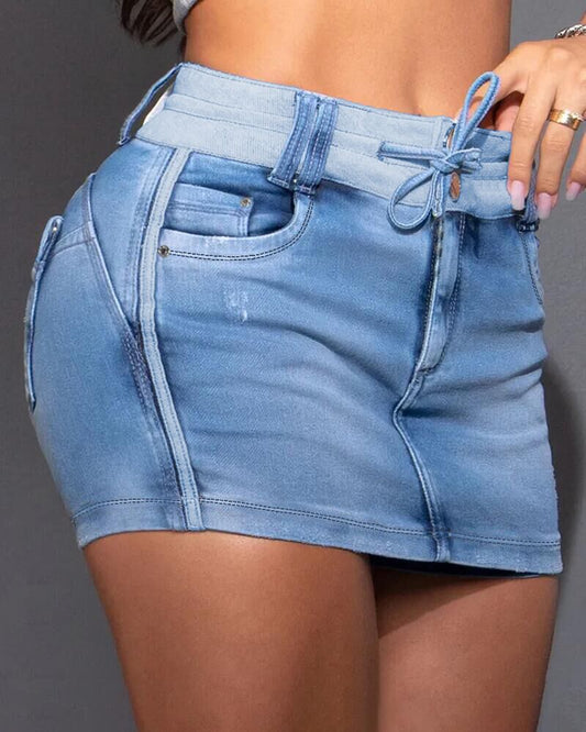 Contrast Paneled Zipper Fly Drawstring Elastic Waist Casual Denim Skort