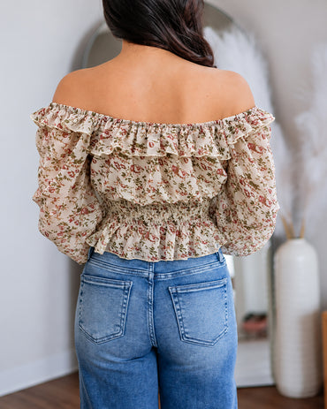 Top peplum fruncido con hombros descubiertos y hombros descubiertos de gasa floral Ditsy para mujer