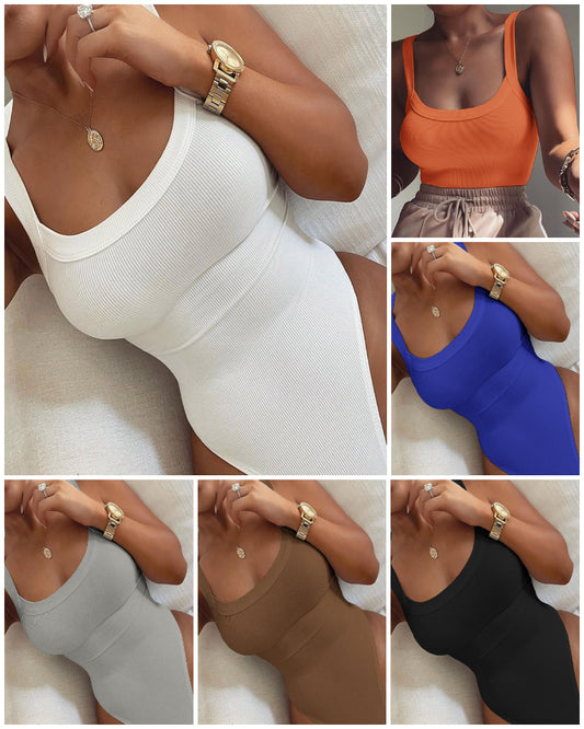 U-Neck Sleeveless Tank Top Bodysuits Slim Fit Ribbed Bodysuits