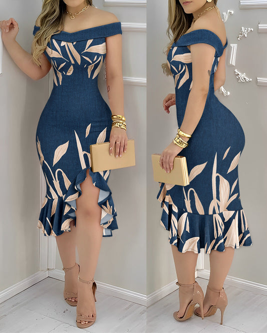 Women's Off Shoulder Midi Dress Leaf Print Bodycon Mermaid Dress Ruffle Hem Slit Party Cocktail Dress