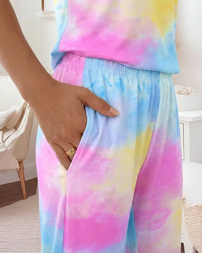 2 Pieces Outfit U-Neck Adjustable Spaghetti Straps Cami Top and Elastic Waist Wide Leg Pants Set Casual Tie Dye Print Pajamas Set