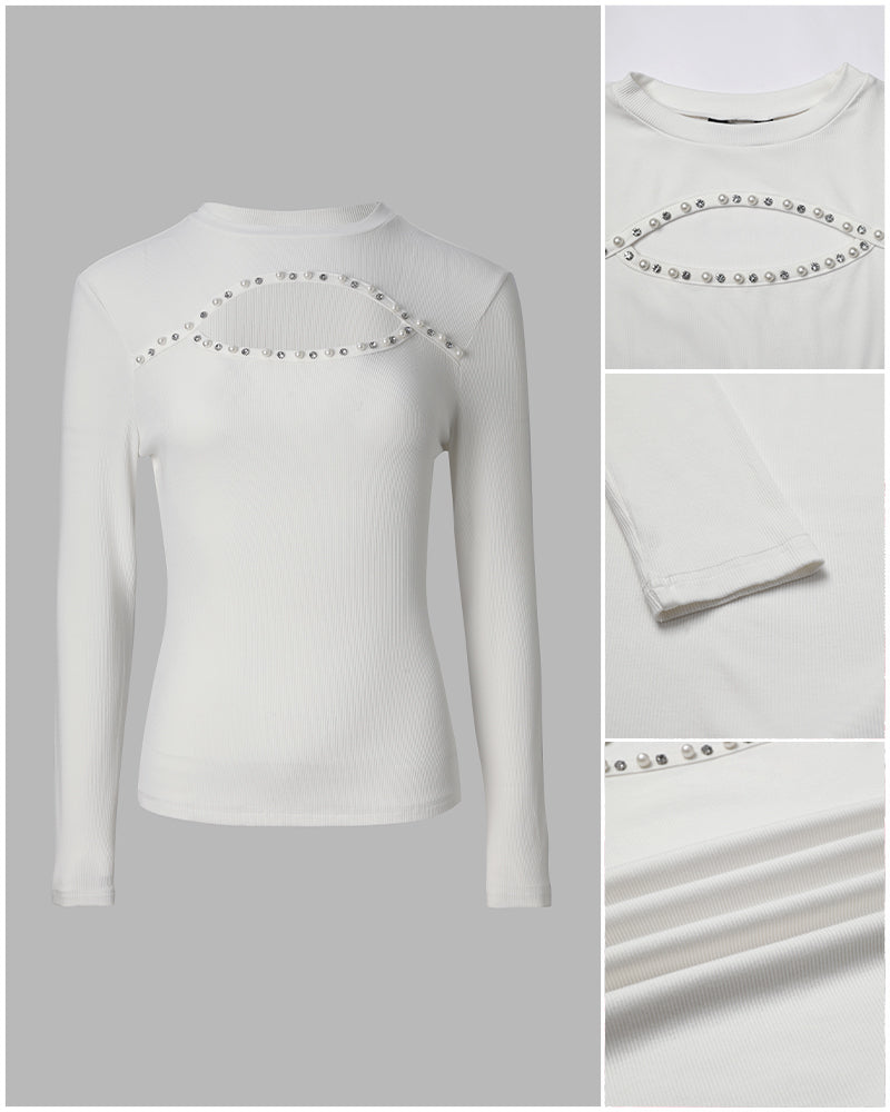 Women's Pearl Rhinestone Hollow-out Long Sleeve Ribbed Fitted Top