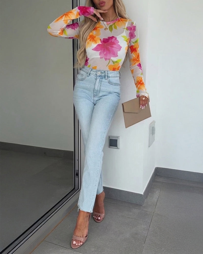 Women's Floral Print Sheer Mesh Top Long Sleeve Slim Fit Crewneck Layering Top with Thumb Hole Cuffs