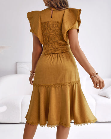 Butterfly Sleeve Hollow-out Back Shirred Dress Casual Cinched Waist Lace Trim Ruffle Hem Commuting Dress