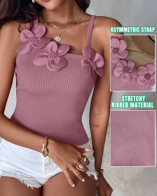 1PC Floral Pattern Beaded Decor Knit Tank Top Sleeveless Shirt