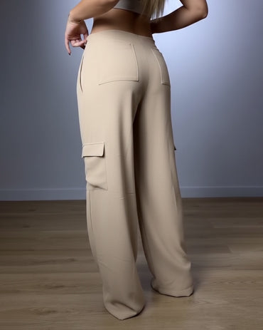 High Waist Drawstring Pleated Front Wide Leg Trousers Casual Flap Pockets Design Cargo Pants